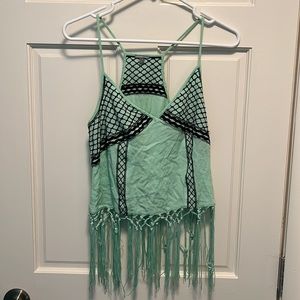 Seafoam Green and Black Crochet Fringe Tank Top